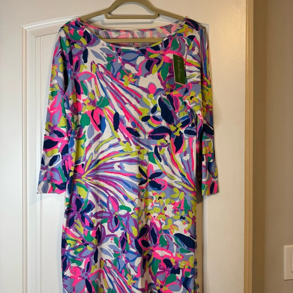 Lilly Pulitzer Marlowe Dress Havin A Blast 3/4 Sleeve Blue Pink Tropical Size M - Picture 5 of 7